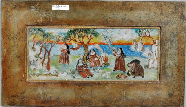 Reverse Painting, Nuns at Campsite, 1920s: Reverse painting on glass of a group of nuns at a campsite, one shooting a bird with bow and arrow, one cooking a bird over a campfire, another praying, another carrying a basket, and another surround