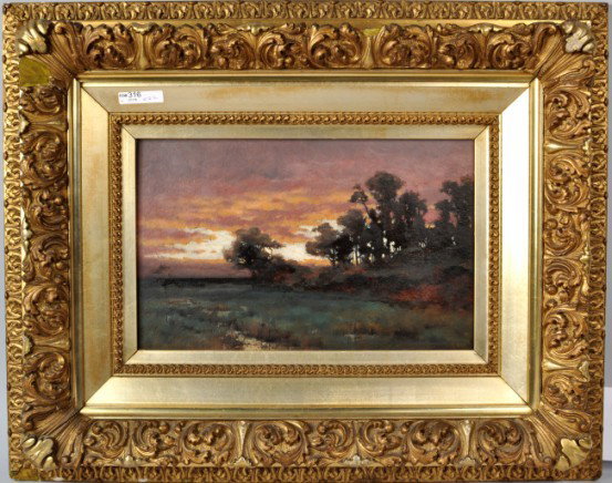 William Castle-Keith 1864-1927 O/B Landscape: Oil on board by William Castle-Keith (1864-1927), measuring 9" high, 14" wide; appears to be dated 1895. Frame is 19 1/2" high, 24" wide. Barely legible signature lower right. From a New York estate.