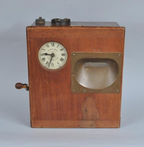 Vintage Table Top Time Clock: Vintage table top time clock, mahogany case with brass card aperture, with hinged front and side panels, hand crank, manufactured and patented by Gledhill-Brook Time Recorders, Ltd., Huddersfield, Eng