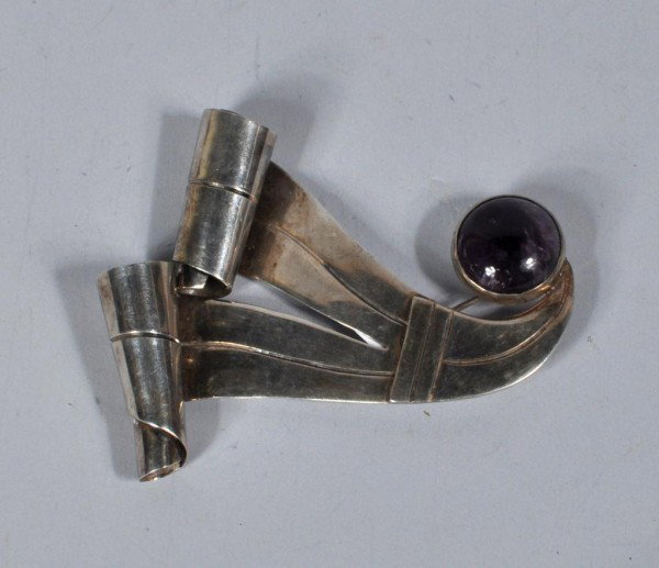1940s William Spratling Sterling Amethyst Pin: 1940's signed William Spratling sterling and amethyst cabochon pin. 3 1/4" long.