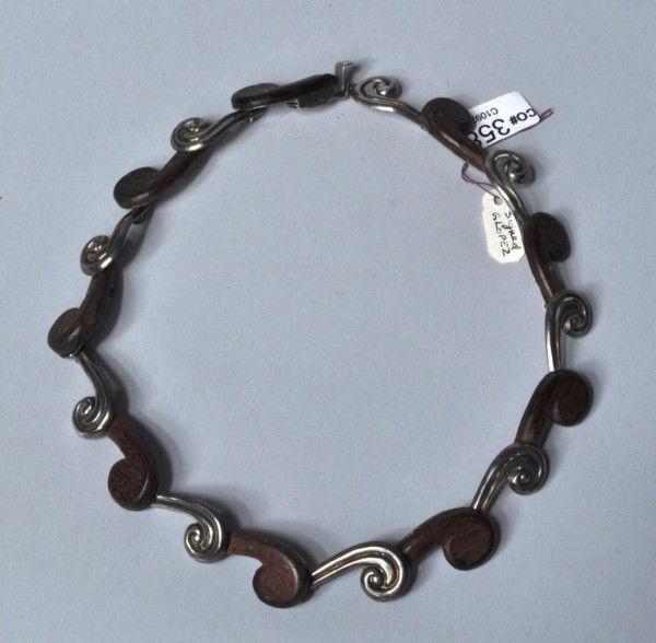 Wood & Silver Mexican Necklace, G. Lopez: Wood and silver necklace, marked G. Lopez, c 1950s, Taxco, Mexico, 925. Approx. 15". Weight with wood 1.32 troy ounces.