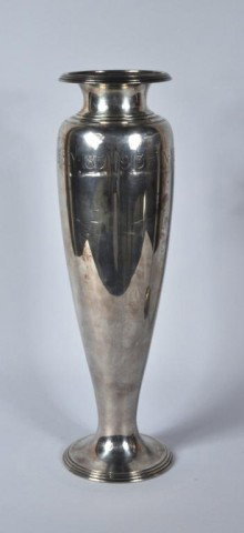 Tiffany Sterling Silver Elongated Vase: Sterling silver baluster vase with ribbed rolled top, engraved "In Memory Elmina Carmen Whittlesey 1851-1913. Marked Tiffany 925, 60.78 troy oz. 18" high, 5" diameter. Whittlesey was a descendant of P