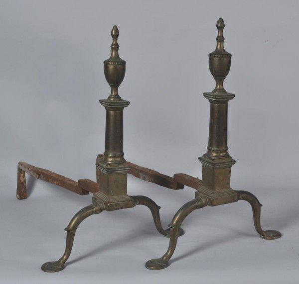 Pair Philadelphia Brass Andirons: Pair of Philadelphia brass urn top andirons, 19 1/2" high, 14" wide, 22 1/2" deep. From a Connecticut gentleman.