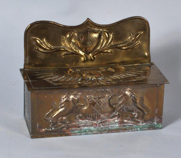 Copper Repousse Lidded Wall Box: Copper repousse lidded wall box, some oxidation, measures 7 3/4" high, 10 1/2" wide, 4 1/2 deep." From the Estate of Sarah Sprole.