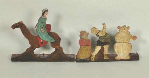 Two Folk Art Painted Carnival Targets: Two folk art hand-carved and hand-painted carnival targets. Small losses to the horse's ears and to the strongman's hand. 13 1/4" high, 14 3/4" wide, 2" deep. From a Connecticut collection.