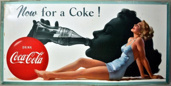 Vintage Cardboard Coca-Cola Advertising Sign: Vintage cardboard Coca-Cola advertising sign from the 1940's, light wear to edges, water stains on left edge, some scuffing to image in a few spots. 27 1/2" high, 56 1/4" long.