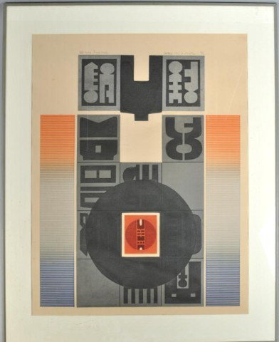 Liao Shiou-Ping, Lithograph "Festival of Sun": Liao Shiou-Ping (Taiwanese, b.1936) framed colored hybrid print, geometric and traditional Chinese motifs in grey, black, and orange, signed, titled, and numbered in graphite. Image size: 29" high, 21