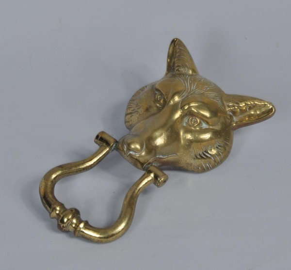 Fox Form Brass Door Knocker, 19th C.: Interesting brass door knocker with fox face, associated with period back plate. 9" high, 5" wide. From a Virginia collector.