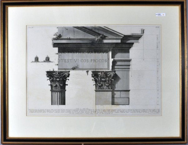 Two G. Paranesi Engravings: Two Giovanni Battista Piranesi (Italian, 1720-1778) engravings, the larger one -- detailing an early portico -- a restrike from the early 19th century, the other a 20th century restrike. (1) 25 1/2" h