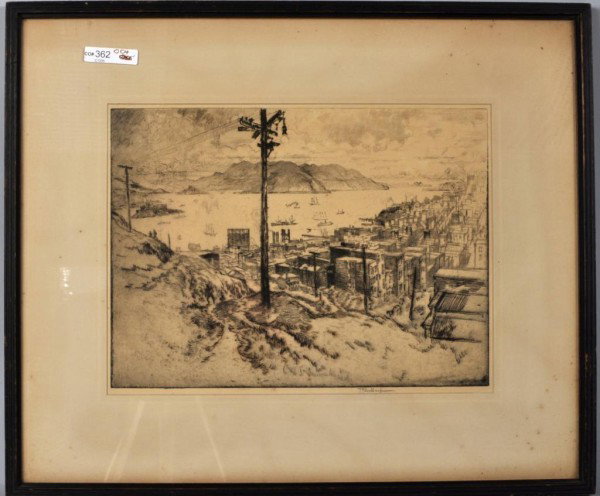 J. Pennell Drypoint Engraving, San Francisco: Original 1912 drypoint engraving, "From Telegraph Hill, San Francisco," by Joseph Pennell (1858-1926), proof-signed in pencil and printed by the artist, according to the label on the back from Frederi