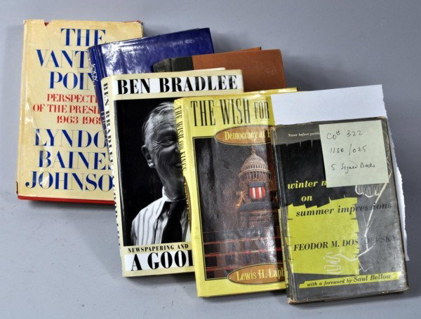 5 Author-Signed Books, LBJ, Ben Bradlee, etc.: Five author-signed books: "The Other Side of the Story," by Jody Powell; "A Good Life - Newspapering & Other Adventures, by Ben Bradlee; "The Wish for Kings - Democracy at Bay," by Lewis H. Lapham; "I