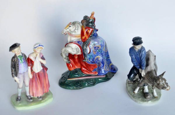 Two Royal Doulton Figures, One Royal Copenhagen: Two Royal Doulton figures, "The Broken Lance" HN2041 and "A Courting" HN 1946, together with a Royal Copenhagen figurine Boy With a Reluctant Calf. All in fine condition, free of damage. (3 items tota