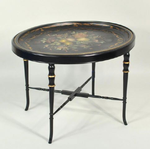 Floral Decorated Tole Tray on Bamboo Stand: Oval tole tray with floral decoration set on custom bamboo stand. 21 1/2" high, 29 3/4" wide, 24 1/2" deep.