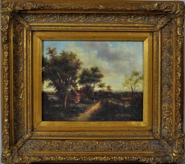 Edward Charles Williams Landscape, O/C: Edward Charles Williams (English, 1807-1881), landscape with cottages and country lane, small oil on canvas, signed lower right, in a 19th century giltwood frame, image size: 7 1/4" high, 9 1/2" wide.