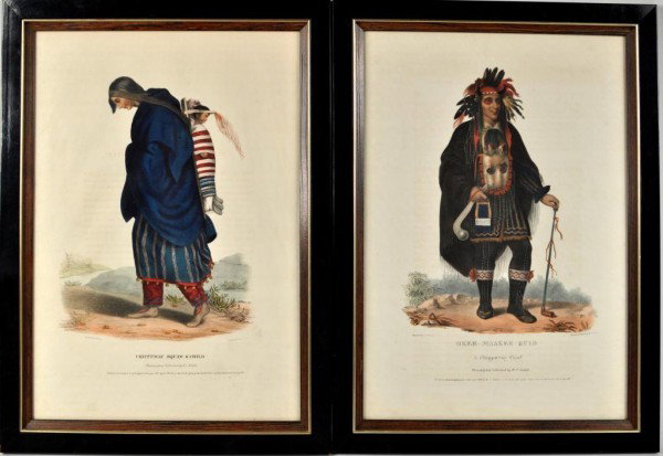 Two Native American Hand Colored Engravings: Two original hand-colored lithographs, "Okee-makee-quid" and "Chippeway Squaw & Child", from McKenney and Hall's famous "Indian Tribes of North America," published by E. C. Biddle, with lithography by