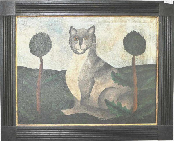Framed Folk Art Painting of Cat: Contemporary folk art painting of a cat, in an ebonized fluted frame with block corners, signed "Katherine Feb. '82". 27 1/2" high, 33 1/2" wide.