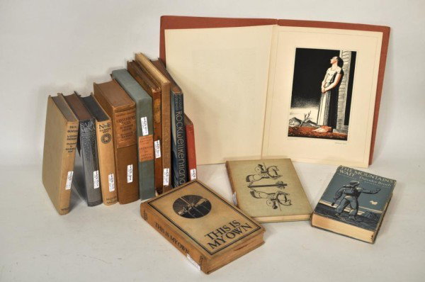 Thirteen Rockwell Kent Illustrated Books: Thirteen Rockwell Kent Books: "Paul Bunyan," 1924; "Candide," 1928, 1st ed.; "Rockwellkentiana," 1933, 1st ed.; The Bridge of San Luis Rey," 1929, signed by Kent & Thornton Wilder, spine paste on titl
