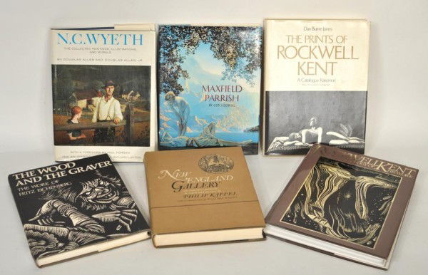 Group of Art Books, Rockwell Kent, Parrish, etc.: Group of art books, including: "Prints of Rockwell Kent" by Jones and "Rockwell Kent edited by Johnson; "New England Gallery" by Philip Kappel; "The Wood & the Graver, by Eichenberg;" Maxfield Parrish