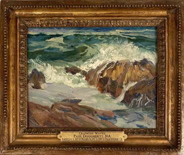 Paul Dougherty O/B "Crashing Waves": (Am. 1877-1947). Signed verso. Frame size: 11" high, 13" wide. Restoration label verso. Property of a New Jersey collector.