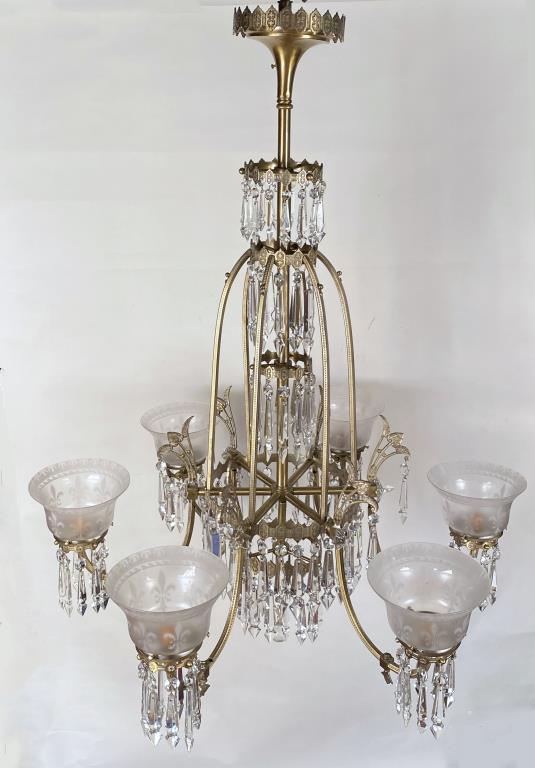 Neo-Gothic Six Light Brass/Glass Chandelier (1 of 5)