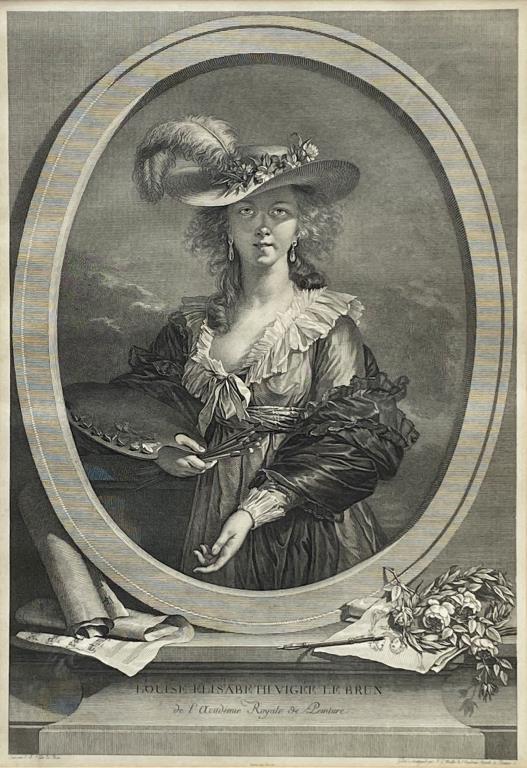 Engraving of Elizabeth Vigee-LeBrun: restrike of an engraving by Joann Gotthard von Muller (Ger. 1747-1830) after a self portrait. Frame size: 24 1/4" high, 19 1/4" wide. Not examined out of frame. Toning, light foxing, COA verso. Proper