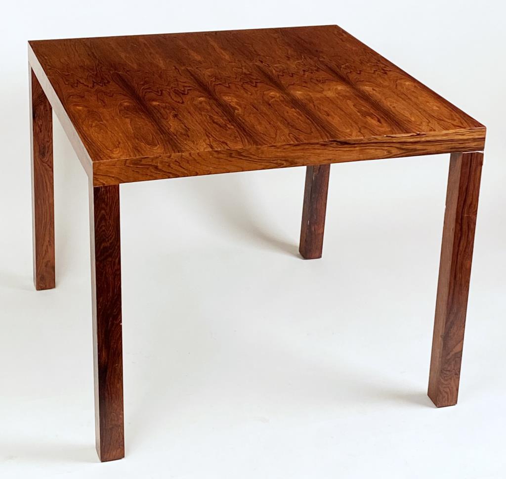 Centrum Mobler Square Rosewood Table: with label. 29 1/4" high, 36" wide, 36 1/8" deep. Veneer losses, wear to top, cracking, slight splaying and looseness to legs. Estate of Adolph S. Cavallo.