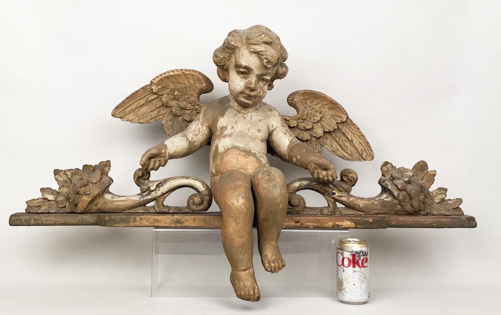 Antique Polychrome Carved Wood Cherub Pediment (1 of 7)