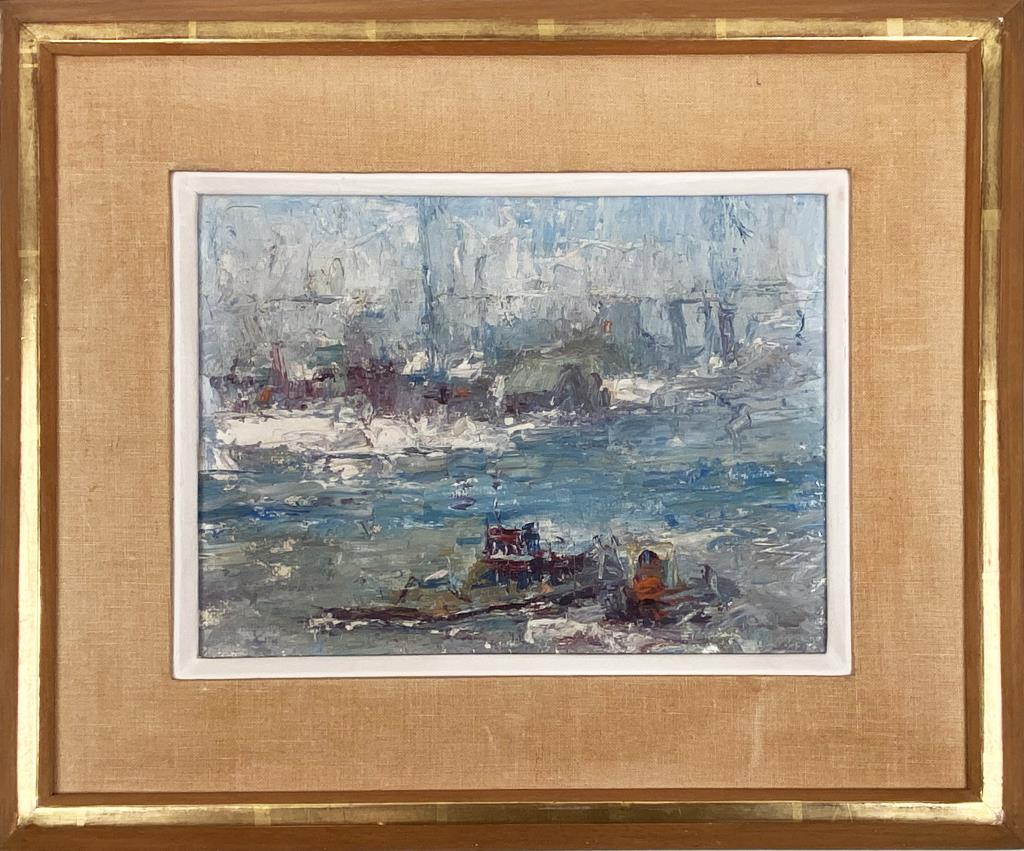 Impressionist O/B "East River" NYC: label verso. Frame size: 15 3/8" high, 18 3/8" wide. Frame wear. Property of a New London CT collector.