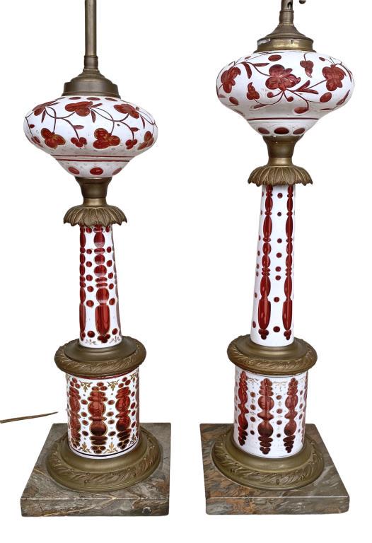 Pair White Cut To Cranberry Columnar Glass Lamps (1 of 7)