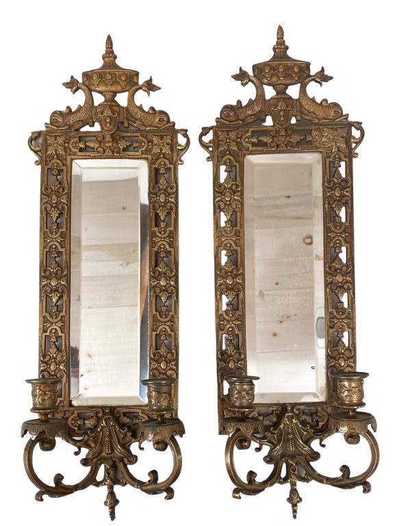 Pair Mirrored Brass Two Light Wall Sconces (1 of 3)