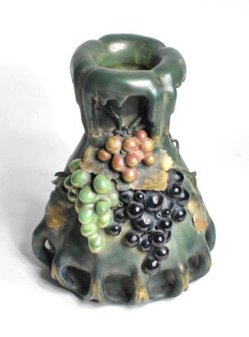 Art Nouveau Amphora Edda Series Vase: Amphora Art Nouveau Edda series vase with flowing lava effect at rim and blue-green matte iridescent organic body with openwork base, decorated with applied grapes and leaves, with Edda raised triangl