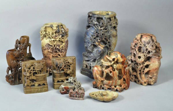 Group Ten Pieces Carved Soapstone: Group of ten carved carved soapstone items, comprising four vases, four smaller carvings and a pair of bookends. 19th century. Largest: 11 1/2" high, 7" wide, 5" deep. Smallest: 1 1/2" high, 2 1/4" wi