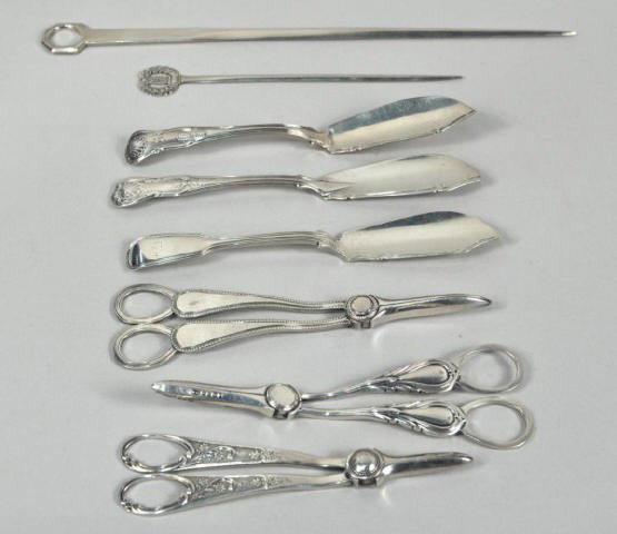 Six Items English Silver Flatware and Two Plated: Group of English silver plated flatware, comprising 3 butter/cheese servers, one by William Knight II, London, 1819, with Kings style handle, monogrammed; one by George Adams, London, 1861, with threa