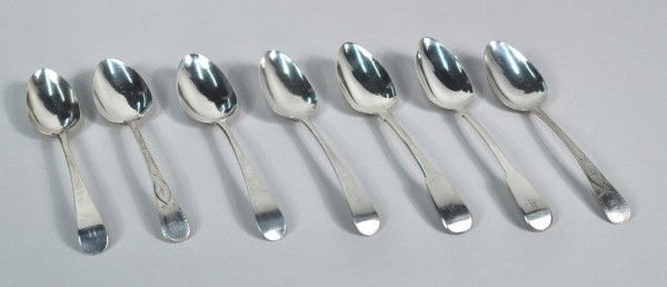 Group George III Bateman Family Silver Tablespoons: Group of seven George III Bateman family silver tablespoons comprising: a pair by Hester Bateman, London, 1777, with rounded terminals, monogrammed with "WA"; another tablespoon by Hester Bateman, Lon