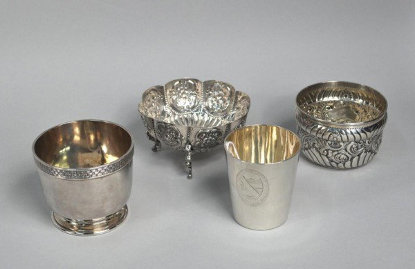 Four English Silver Vessels, 19th C.: Four English silver vessels comprising: a George III tapered beaker, William Burch, London, 1790, engraved with armorial on one side, empty oval cartouche on the other, a George IV sugar bowl, by Seba
