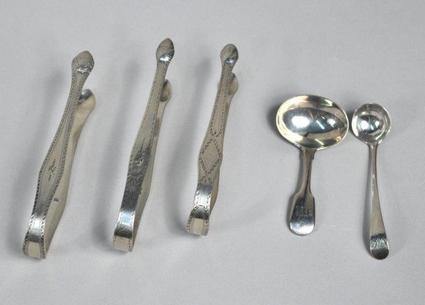 Five George III Bateman Family Silver Items: Five George III Bateman family silver items comprising: a pair of sugar tongs by Peter and Anne Bateman, London, 1792, bright-cut; two pairs of sugar tongs by Hester Batman, circa 1780, bright-cut; a 