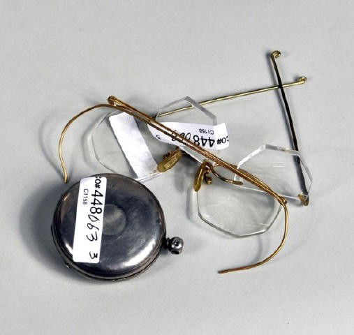 Sterling Silver Pocket Watch & Two Glasses Frames: Sterling silver pocket watch "John Edwards, Liverpool" and two gold filled glasses frames. Watch: 2" diameter