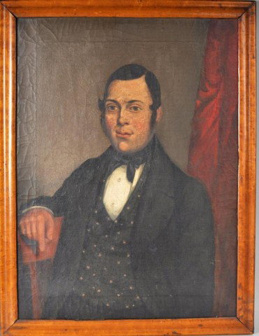 Framed Folk Art O/C Painting of Gentlemen: Appealing framed folk art oil on canvas painting of a gentleman in coat and vest, probably New England, circa 1820-25. Frame 26 1/2" high, 20 1/2" wide.