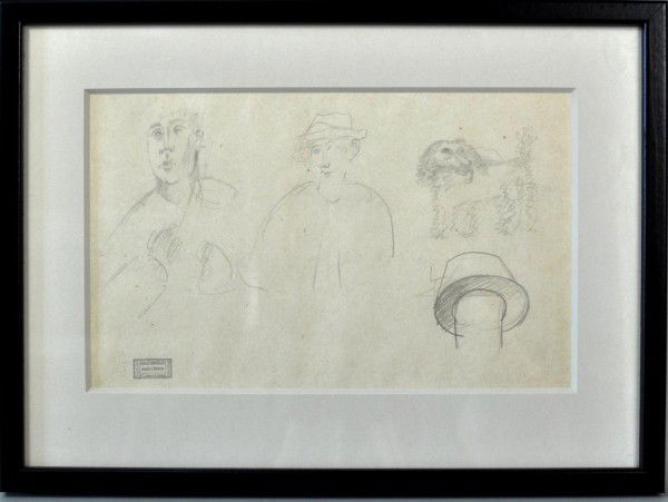 Andre Derain (1880-1954) Sketch, Figures with Lamp: Andre Derain (French, 1880-1954) framed sketch with figures, dog, and lamp, graphite on paper, and estate stamp in lower left. Not examined out of frame. Image size: 6" high, 10" wide.