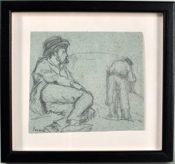 Maximilien Luce (1858-1941) Drawing of Resting Men: Maximilien Luce (French, 1858-1941) framed double- sided drawing, man at rest with landscape verso, graphite on paper, signed lower left. Not examined out of frame. Image size: 4" high, 5" wide.