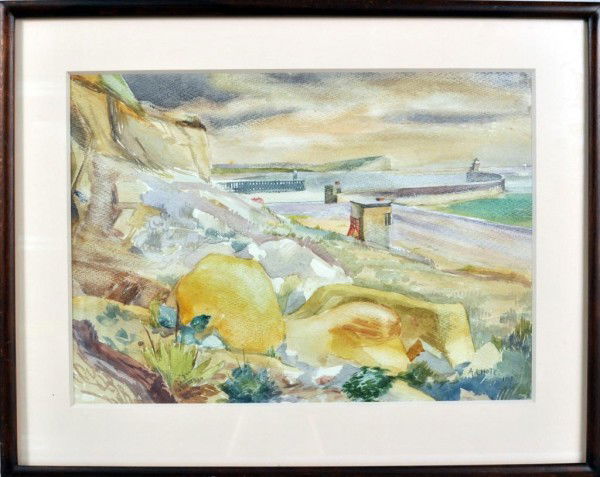 Andre Lhote (1885-1962) W/C Harbor Scene: Andre Lhote (French, 1885-1962) framed landscape with harbor scene, watercolor on paper, signed lower right and dated 1929. Not examined out of frame. Image size: 10" high, 14" wide
