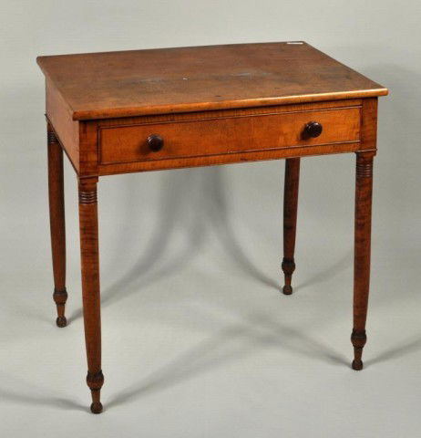 Sheraton Tiger Maple One Drawer Work Table: Sheraton carved tiger maple one drawer work or side table, with bullnose molded top and turned legs ending in bulb feet, with good tiger grain. Pennsylvania, circa 1810. 28 1/2" high, 29 3/4" wide, 20