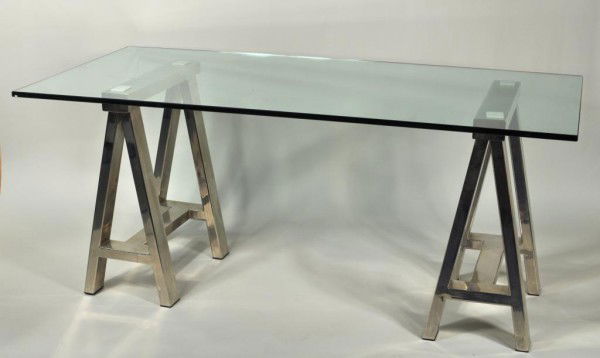 Modernist Glass Top Chrome Base Dining Table: Modernist chrome trestle form rectangular dining table with glass top. 31" high, 72" long, 36" deep.