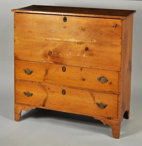 Country Chippendale Pine Two Drawer Blanket Chest: Country chippendale pine blanket chest with lift top (loose), two lower drawers and cutout bracket base. New England, late 18th century. 40 1/2" high, 42" wide, 18 1/4" deep.