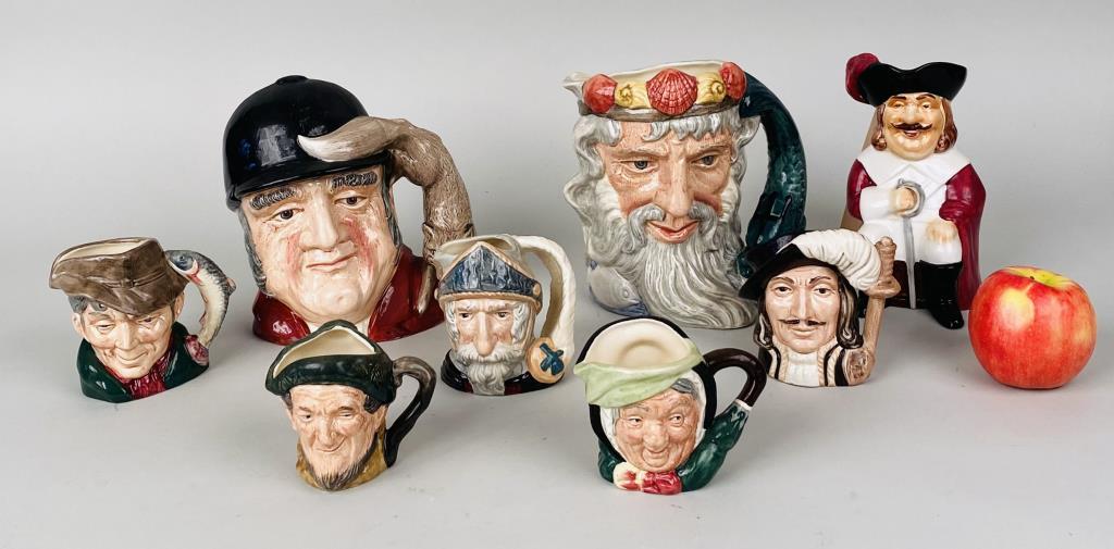 Group Eight Royal Doulton Toby Jugs: comprising: Athos, Auld Mac, Sairey Gamp, The Poacher, Don Quixote, Neptune, Gone Away. Also includes Shorter & Son "Cavalier". Don Quixote with chip at top of helmet. Largest: 7 1/2" high, 6 3/4" wid