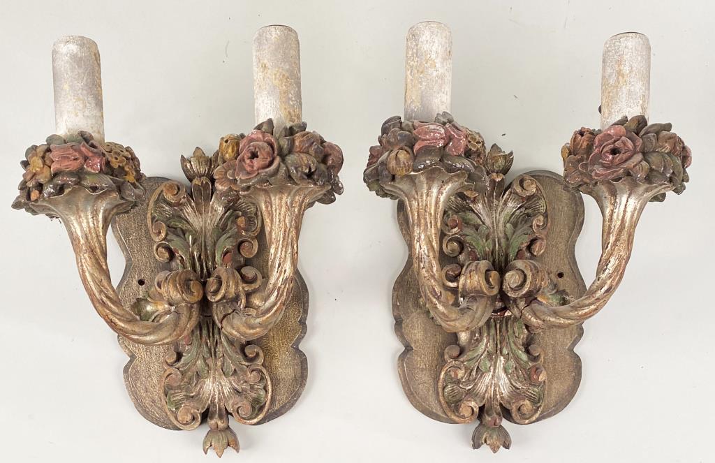 Pair Italian Carved Two Light Giltwood Sconces (1 of 4)