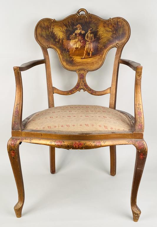 Continental Paint Decorated Arm Chair: the crest with painted courting scene, the frame with floral garland motif, serpentine arms and cabriole front legs. 38" high, 24" wide, 20" deep. Shrinkage cracks to crest, light wear to painted surf