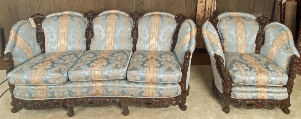 Continental Carved Walnut Sofa & Armchair (1 of 4)