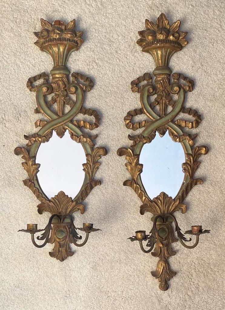Pair Italian Painted & Gilt Wood Mirrored Sconces (1 of 6)
