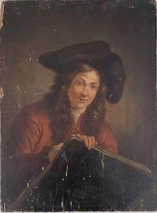 Signed O/B Self Portrait Carle Van Loo, Circa 1726: faintly signed center bottom. Carle or Charles-André van Loo (French, 1705-1765). 9 5/8" high, 7 1/4" wide. Losses to panel, paint wear.